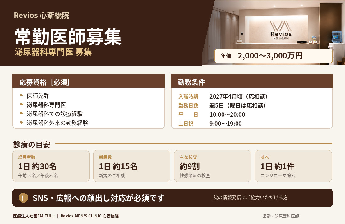 ※年収2,000万円～3,000万円【常勤医師】レビオス心斎橋院　泌尿器科専門医サムネイル